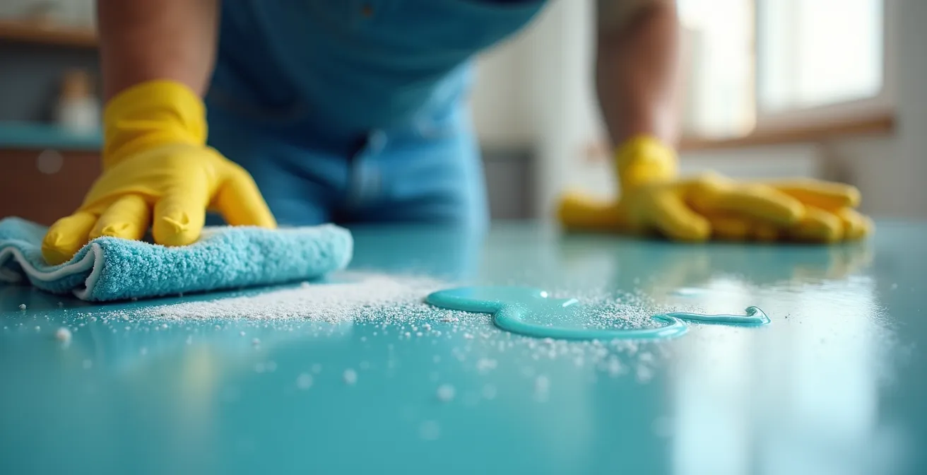 Close-up of specialized cleaning tools and microfiber cloths tackling sticky residues