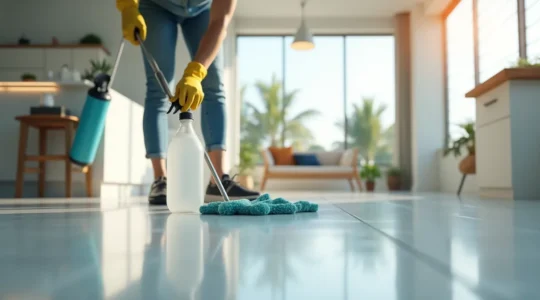 A professional cleaner wiping a sleek, newly renovated modern interior with shining surfaces, showcasing cleanliness after renovation