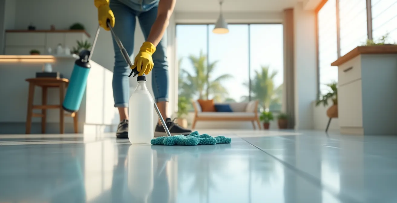 A professional cleaner wiping a sleek, newly renovated modern interior with shining surfaces, showcasing cleanliness after renovation