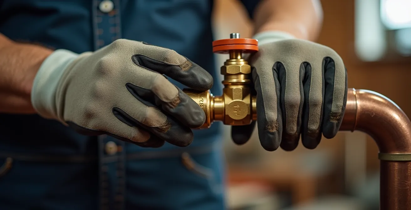 Professional plumber's hands installing a modern brass shut-off valve on copper pipes