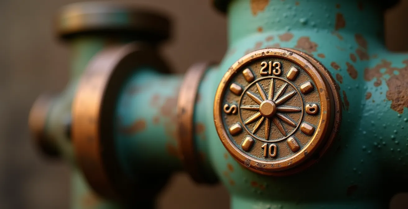 Hand holding a vintage brass water meter with intricate dials and patina