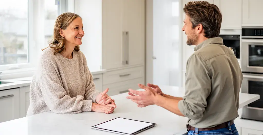Homeowner and window contractor reviewing project details in kitchen consultation
