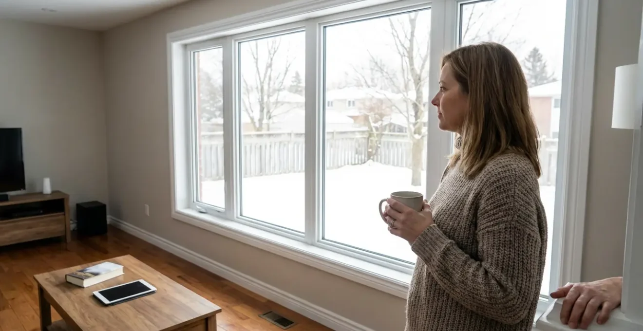 Canadian homeowner beside modern triple-pane window in living room during winter