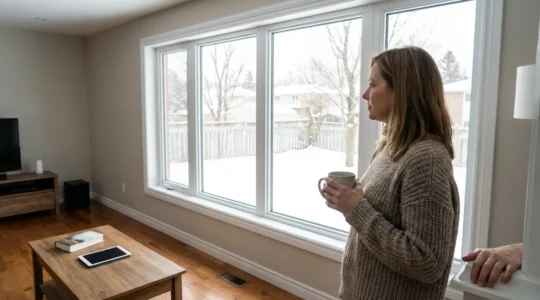 Canadian homeowner beside modern triple-pane window in living room during winter